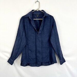 Banana Republic Womens Sz S 100% Linen Navy Blue Popover Blouse Shirt Spring